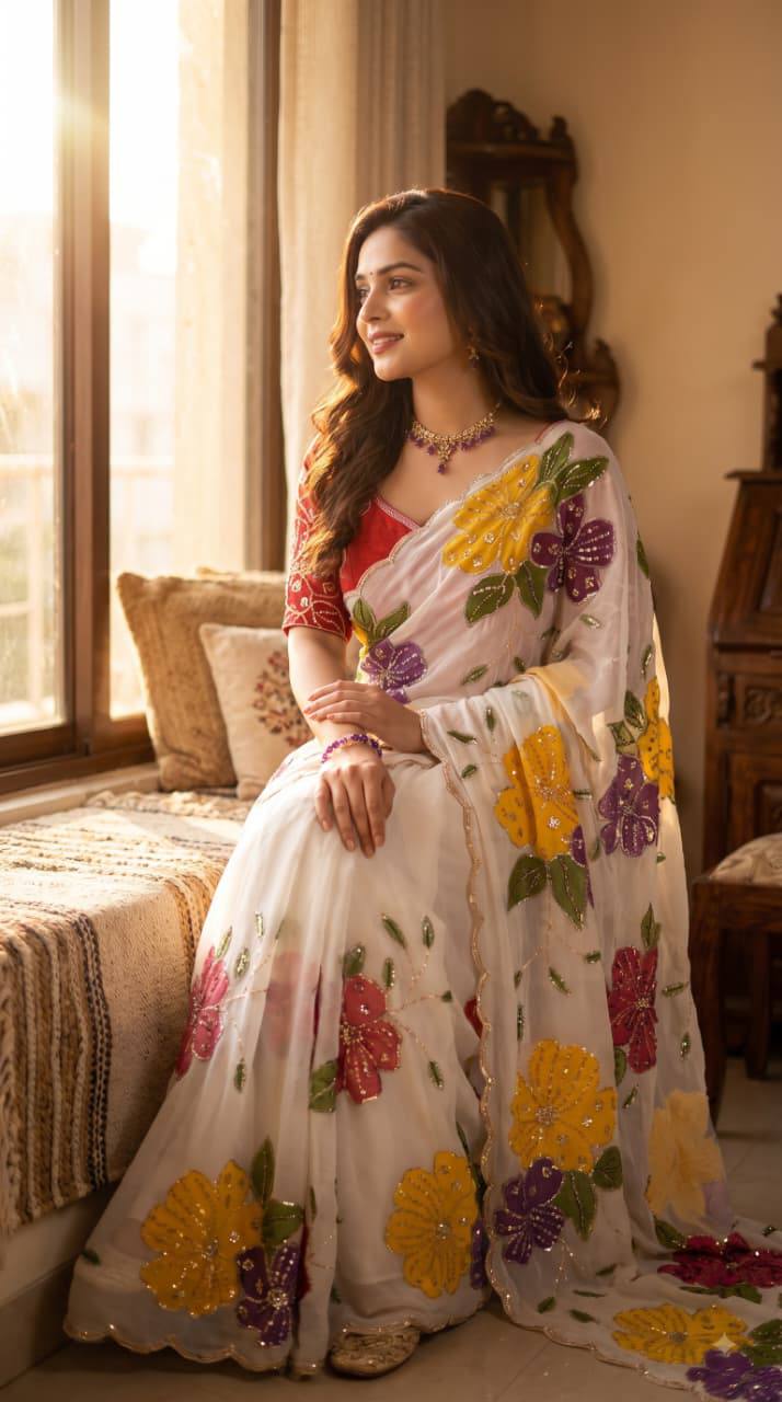 Elegant Floral Embroidered White Saree with Multicolor Flowers & Designer Red Blouse