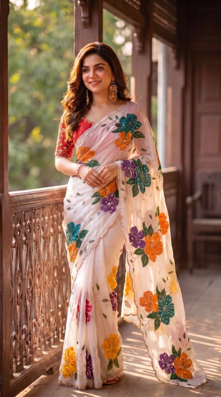 Elegant Floral Embroidered White Saree with Multicolor Flowers & Designer Red Blouse