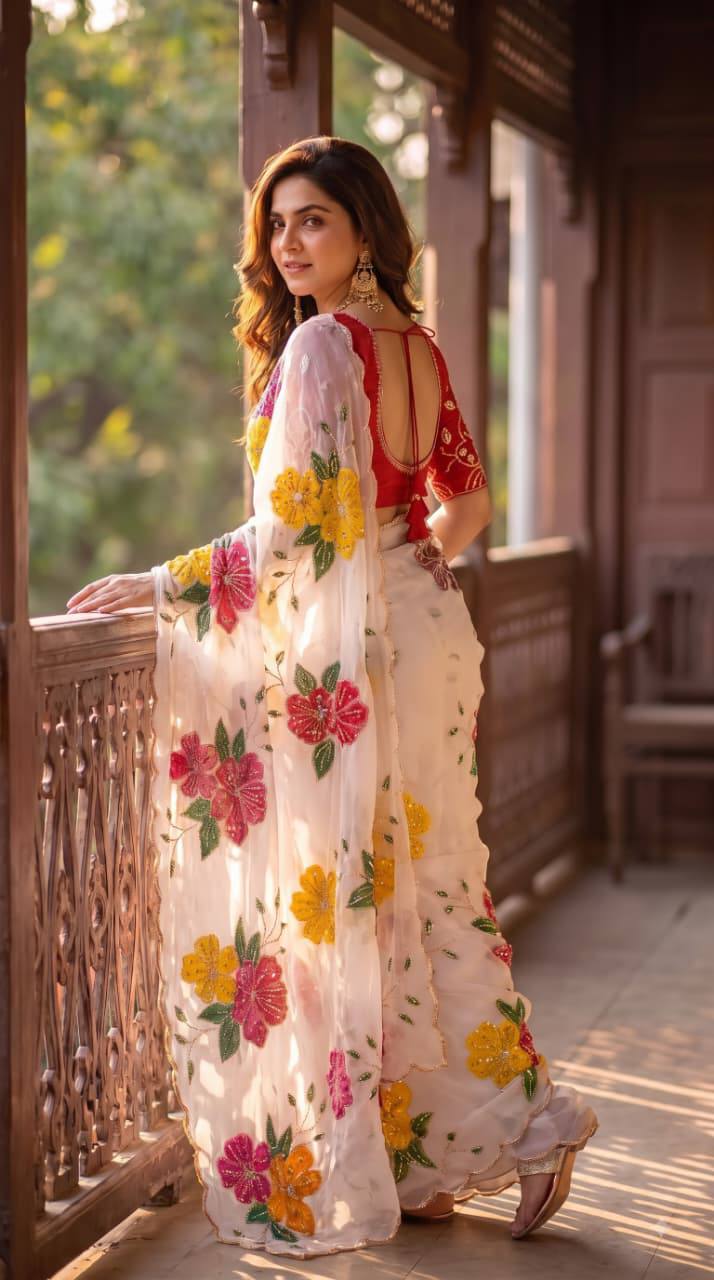 Elegant Floral Embroidered White Saree with Multicolor Flowers & Designer Red Blouse