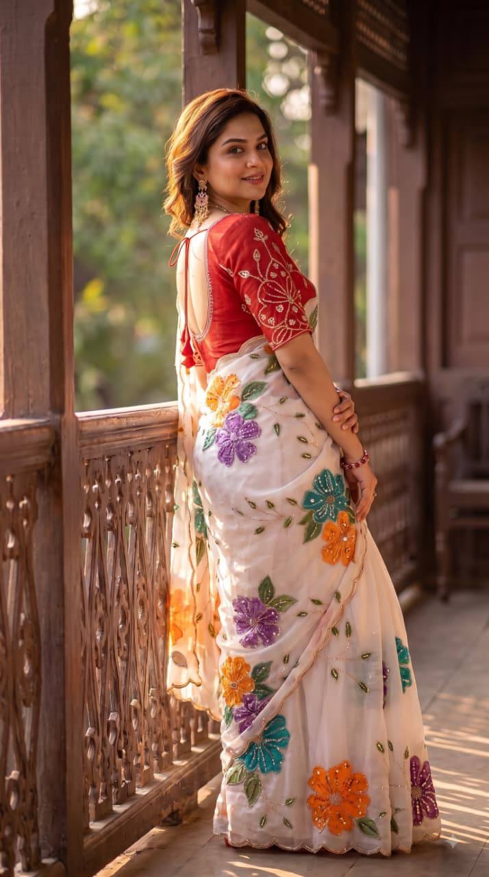 Elegant Floral Embroidered White Saree with Multicolor Flowers & Designer Red Blouse