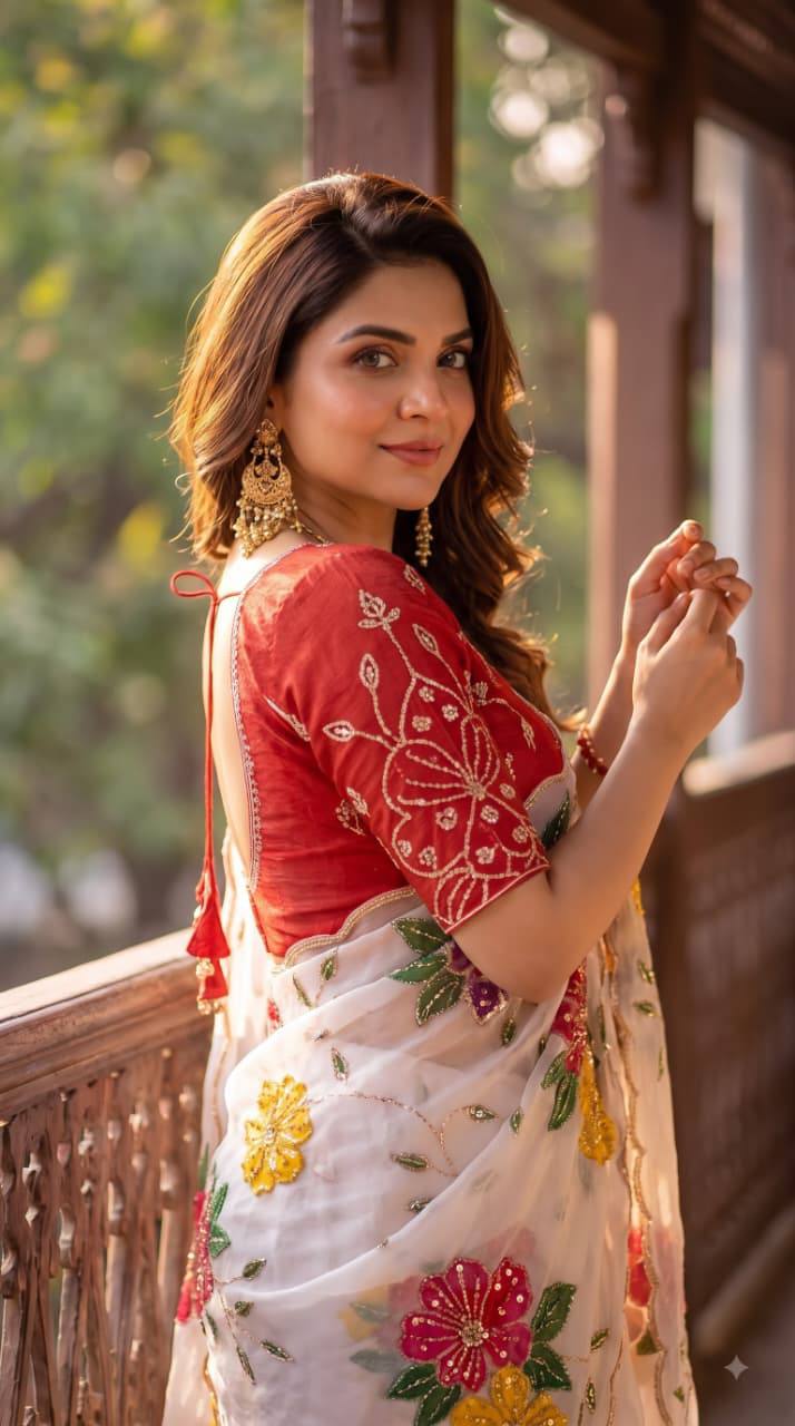 Elegant Floral Embroidered White Saree with Multicolor Flowers & Designer Red Blouse