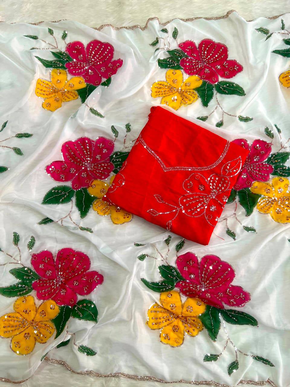 Elegant Floral Embroidered White Saree with Multicolor Flowers & Designer Red Blouse