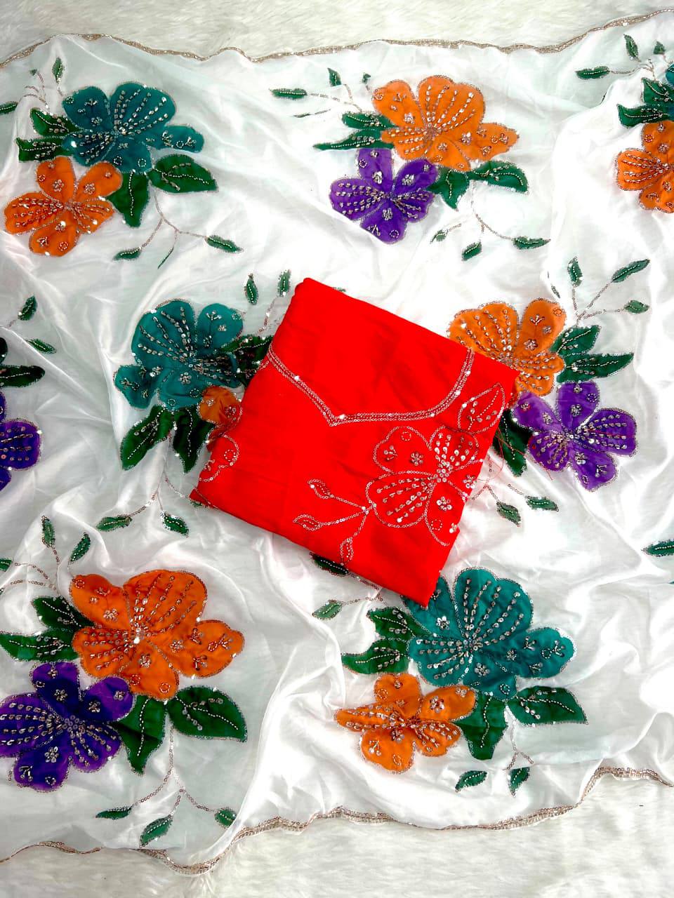 Elegant Floral Embroidered White Saree with Multicolor Flowers & Designer Red Blouse