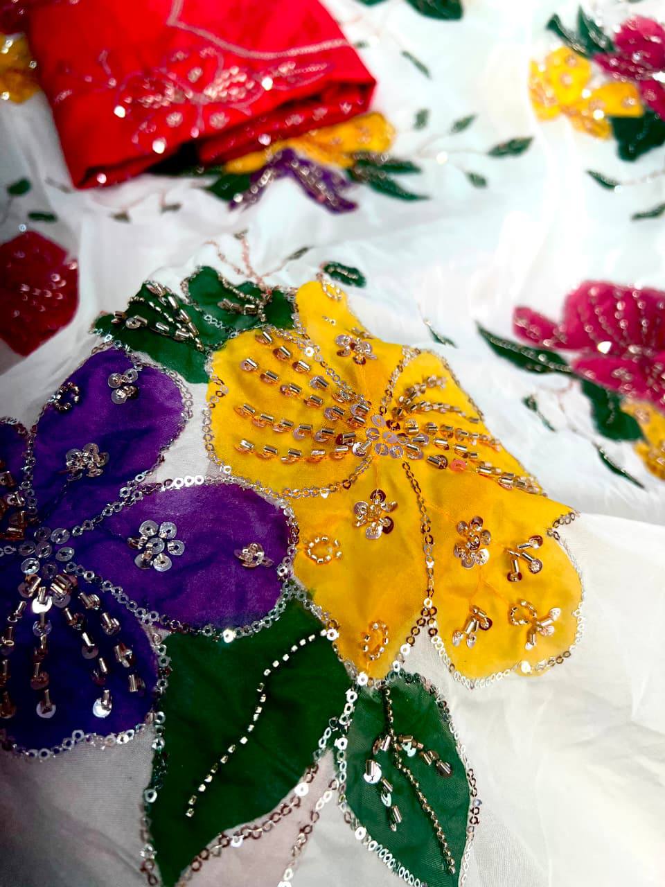 Elegant Floral Embroidered White Saree with Multicolor Flowers & Designer Red Blouse
