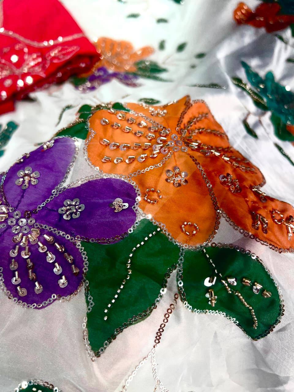 Elegant Floral Embroidered White Saree with Multicolor Flowers & Designer Red Blouse
