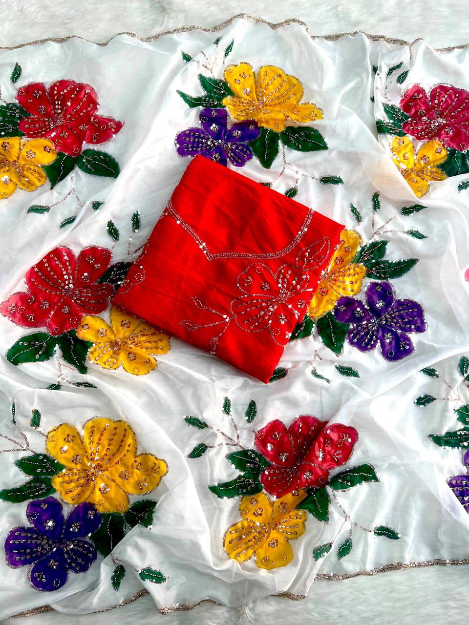 Elegant Floral Embroidered White Saree with Multicolor Flowers & Designer Red Blouse