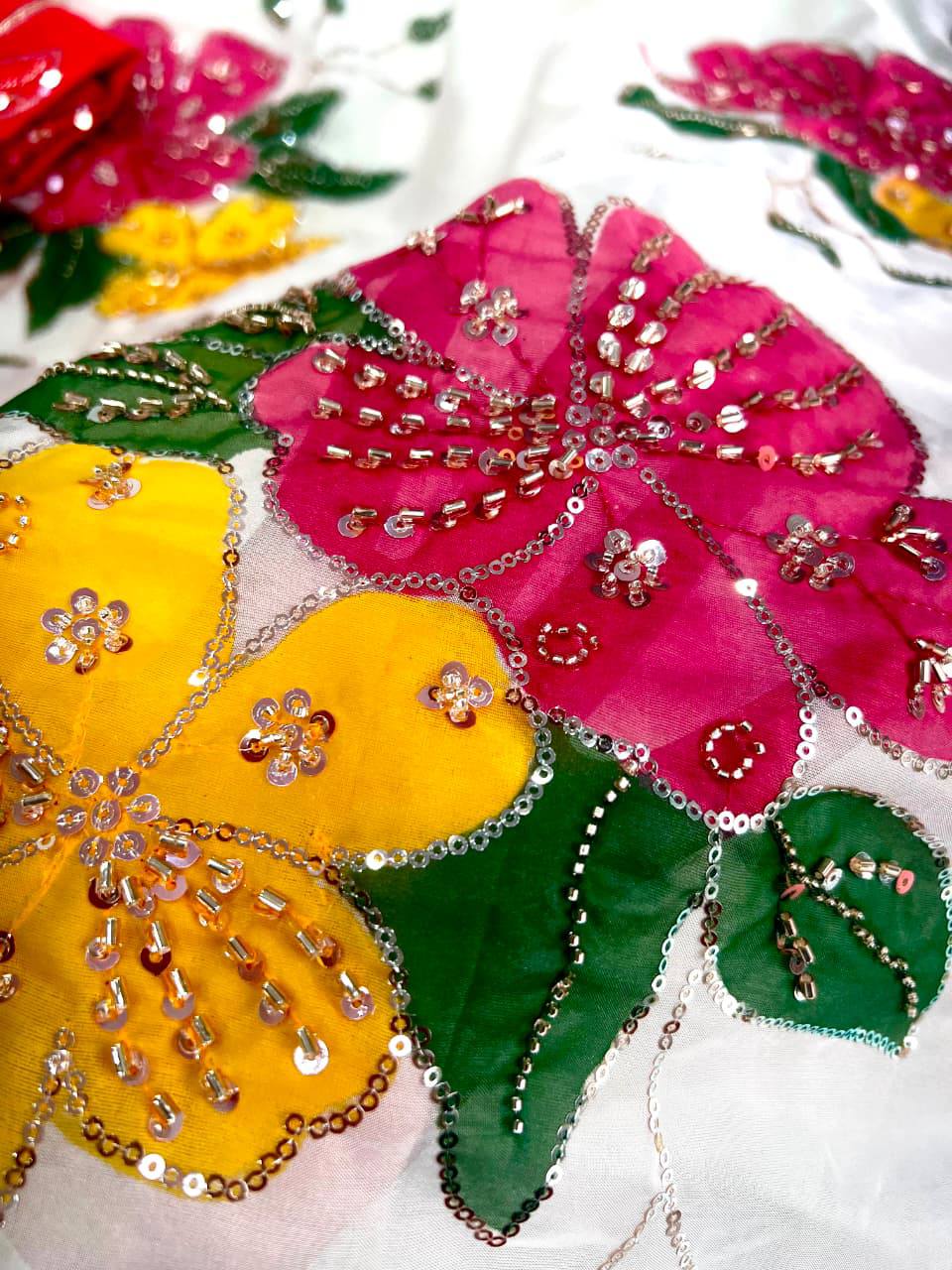 Elegant Floral Embroidered White Saree with Multicolor Flowers & Designer Red Blouse
