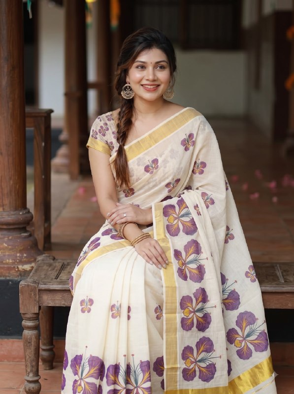 Premium Ivory Linen Floral Digital Print Saree with Golden Zari Border
