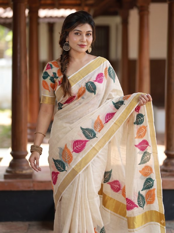 Premium Ivory Linen Floral Digital Print Saree with Golden Zari Border