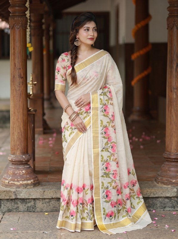 Premium Ivory Linen Floral Digital Print Saree with Golden Zari Border
