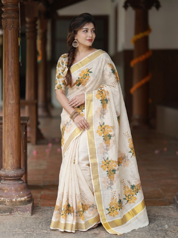 Premium Ivory Linen Floral Digital Print Saree with Golden Zari Border