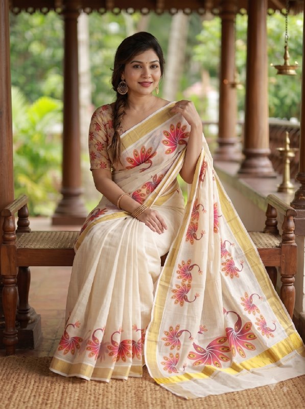 Premium Ivory Linen Floral Digital Print Saree with Golden Zari Border
