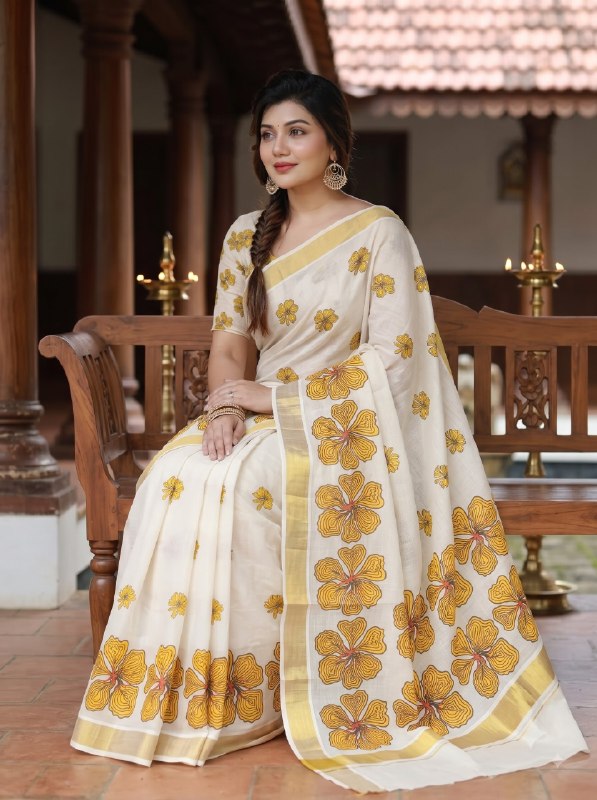 Premium Ivory Linen Floral Digital Print Saree with Golden Zari Border