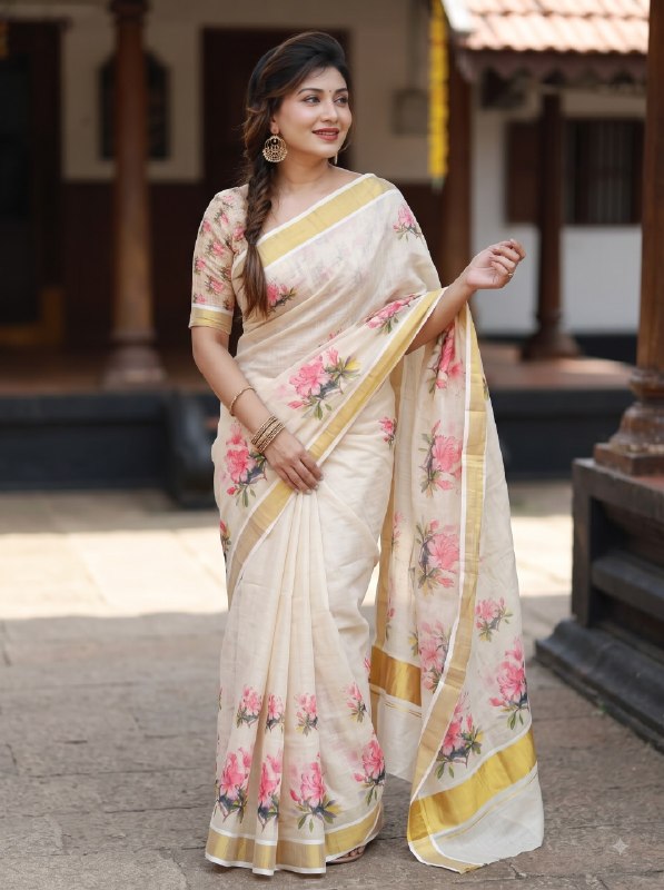 Premium Ivory Linen Floral Digital Print Saree with Golden Zari Border