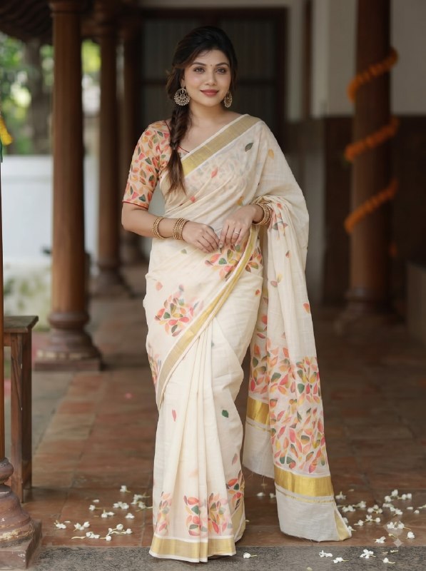 Premium Ivory Linen Floral Digital Print Saree with Golden Zari Border