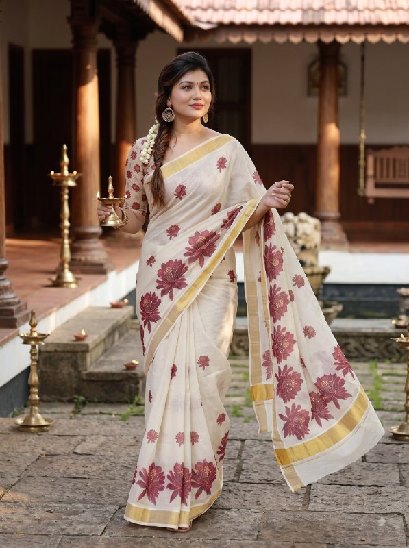 Premium Ivory Linen Floral Digital Print Saree with Golden Zari Border