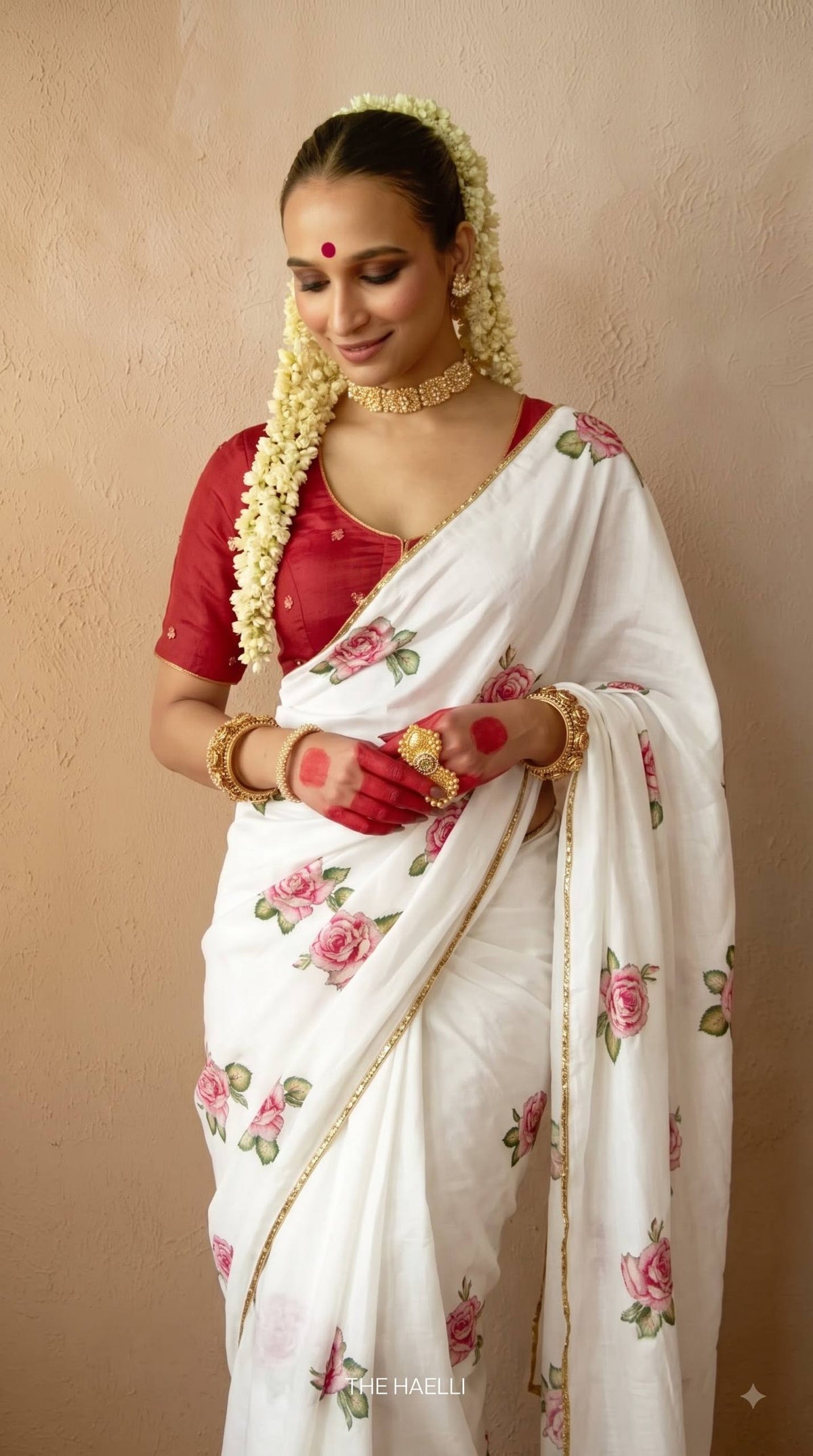 Premium White Rose Embroidery Saree with Golden Lace Border – Elegant Floral Designer Saree