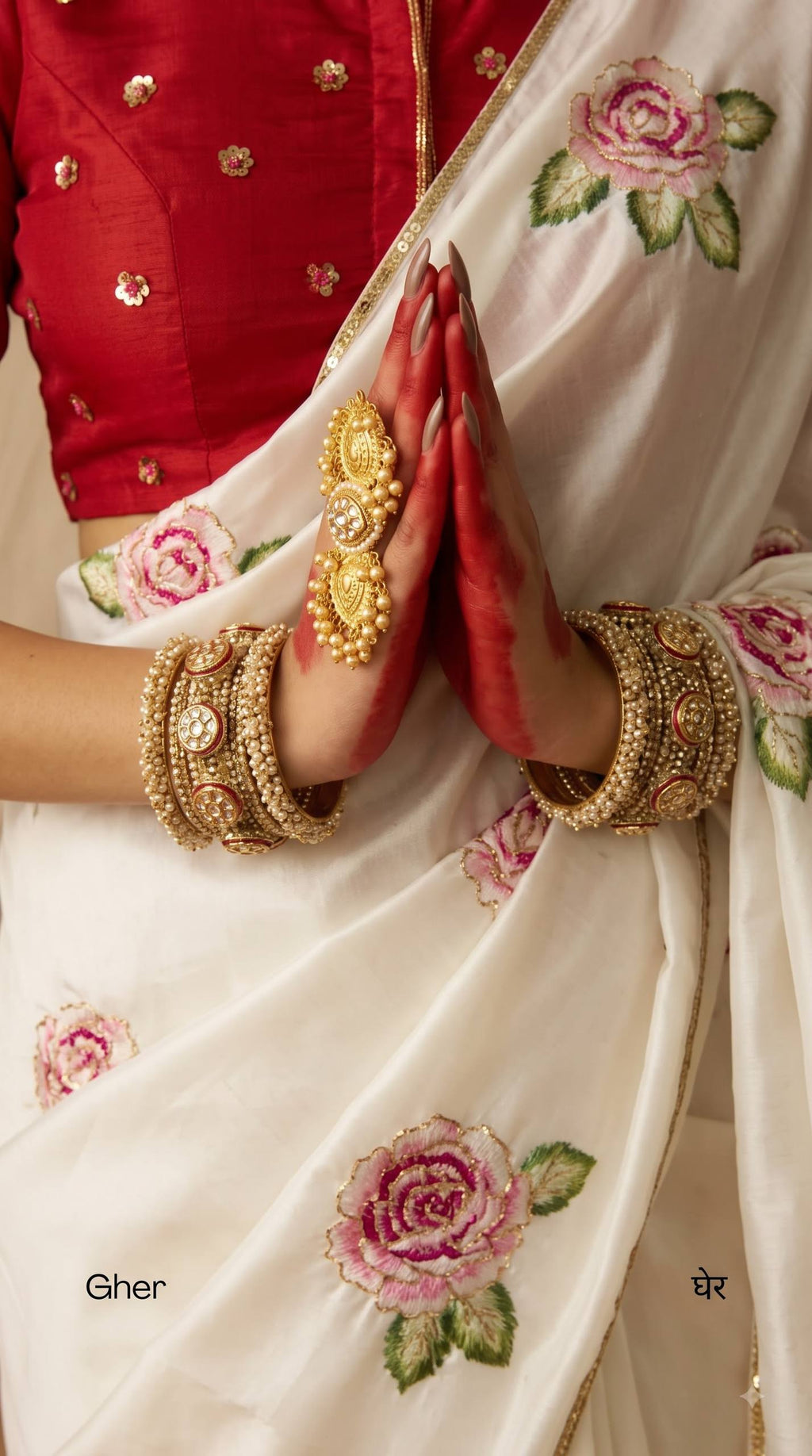 Premium White Rose Embroidery Saree with Golden Lace Border – Elegant Floral Designer Saree