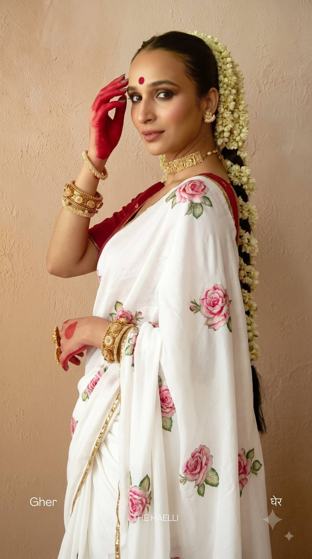 Premium White Rose Embroidery Saree with Golden Lace Border – Elegant Floral Designer Saree
