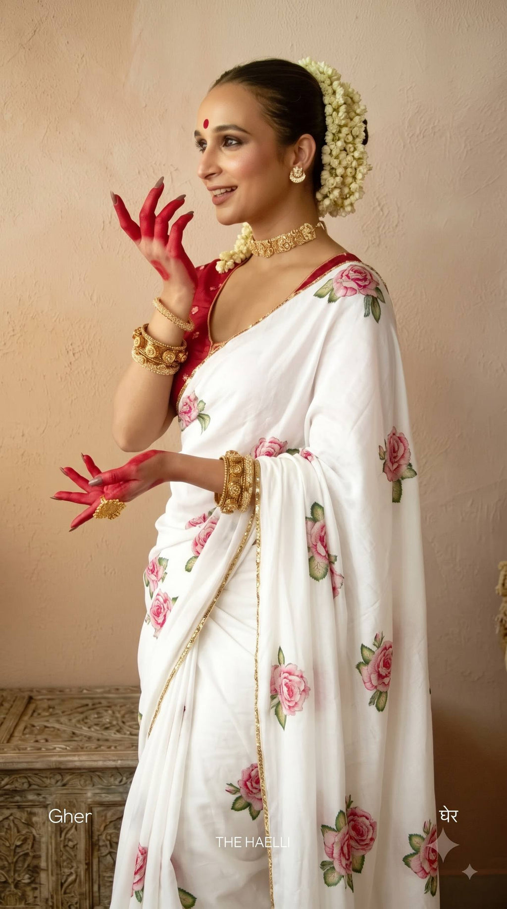 Premium White Rose Embroidery Saree with Golden Lace Border – Elegant Floral Designer Saree