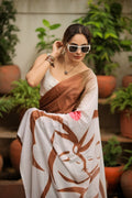 **Premium Chocolate Brown & Ivory Abstract Art Printed Designer Saree with Contrast Blouse**