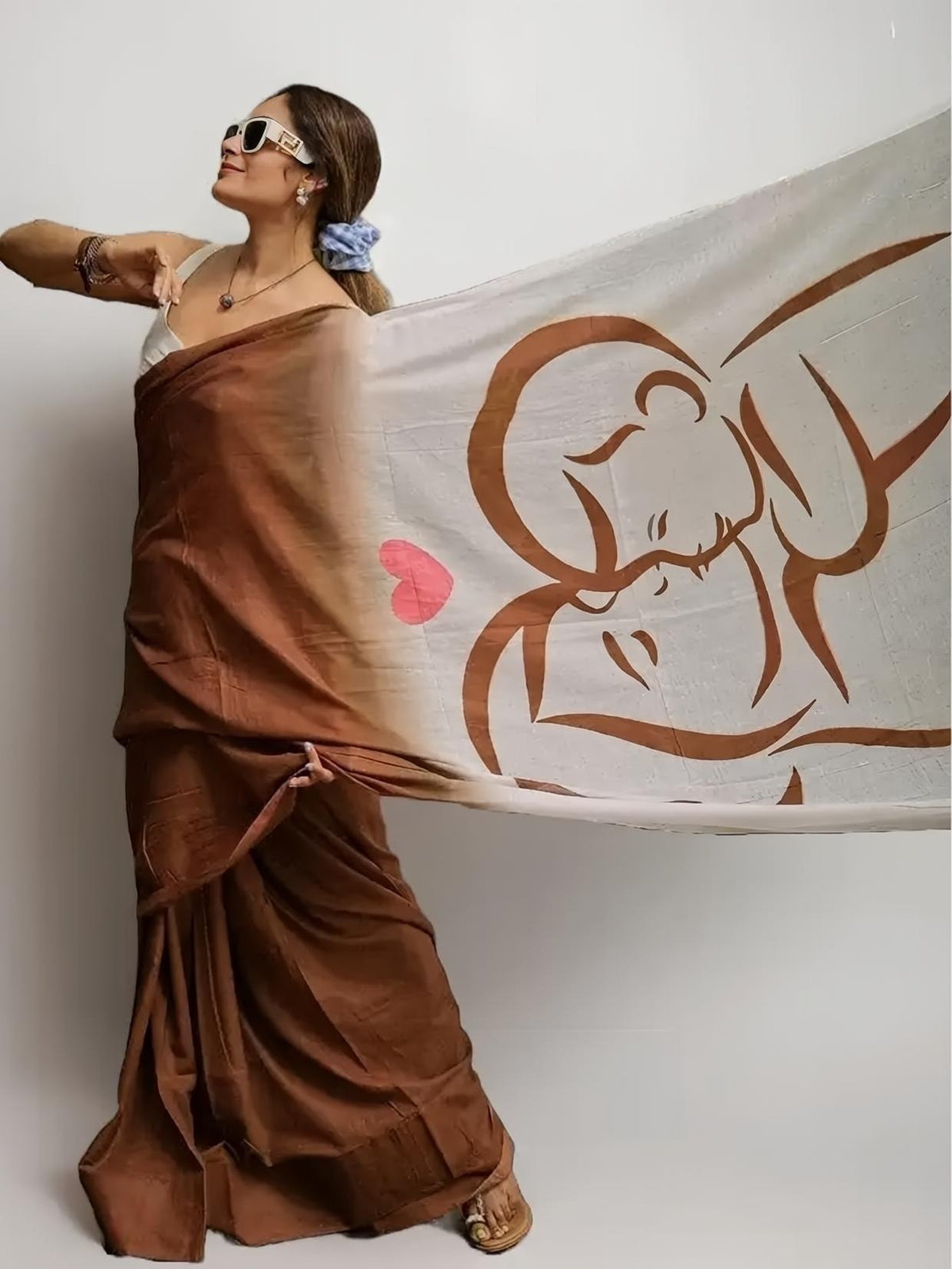 **Premium Chocolate Brown & Ivory Abstract Art Printed Designer Saree with Contrast Blouse**