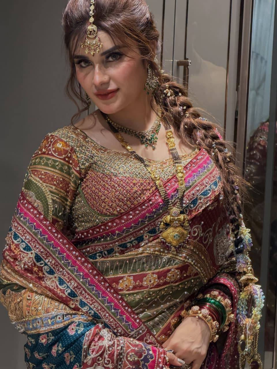 Premium Multicolor Bridal Bandhani Embroidered Saree with Mirror Work