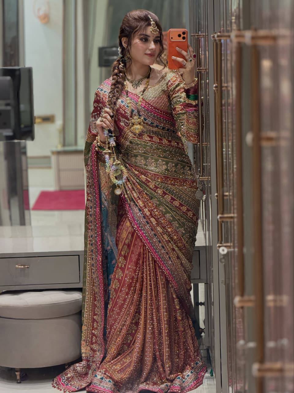 Premium Multicolor Bridal Bandhani Embroidered Saree with Mirror Work