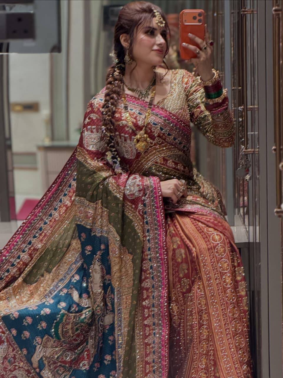 Premium Multicolor Bridal Bandhani Embroidered Saree with Mirror Work