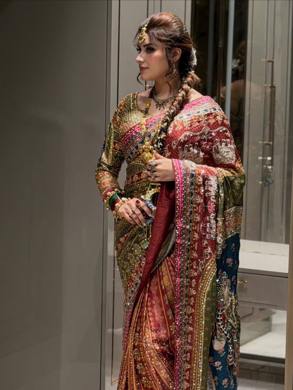 Premium Multicolor Bridal Bandhani Embroidered Saree with Mirror Work