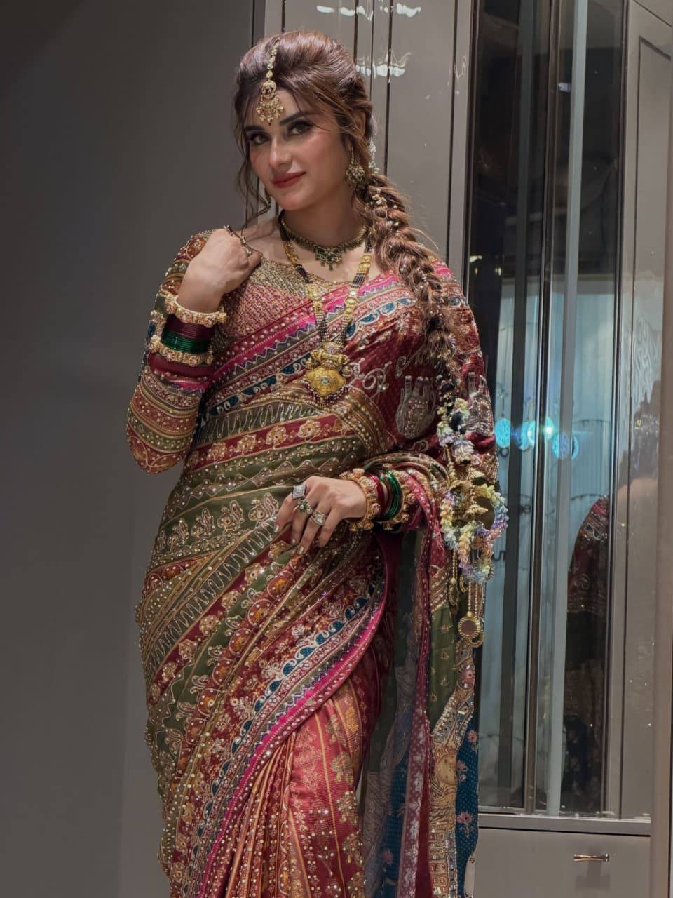 Premium Multicolor Bridal Bandhani Embroidered Saree with Mirror Work