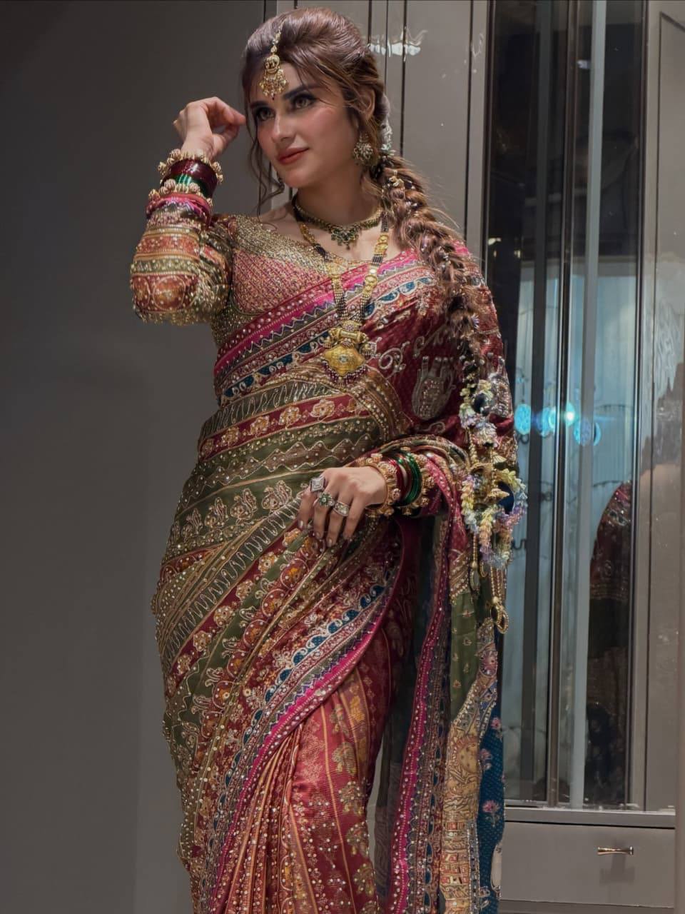 Premium Multicolor Bridal Bandhani Embroidered Saree with Mirror Work