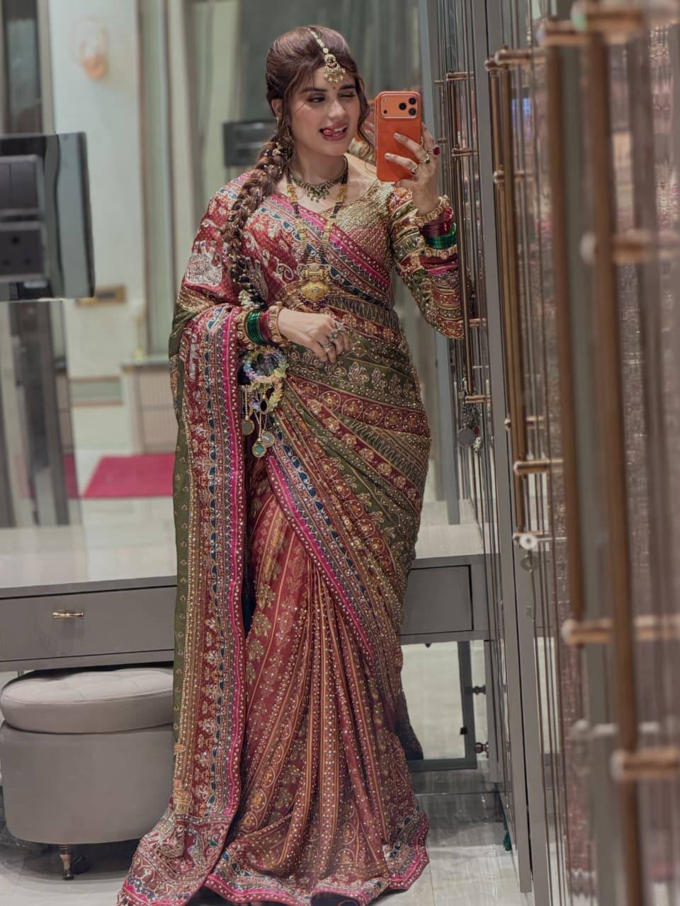 Premium Multicolor Bridal Bandhani Embroidered Saree with Mirror Work