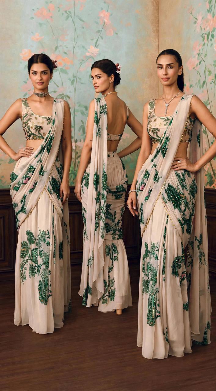Elegant Ivory Floral Printed Saree with Green Paisley Work & Pearl Border