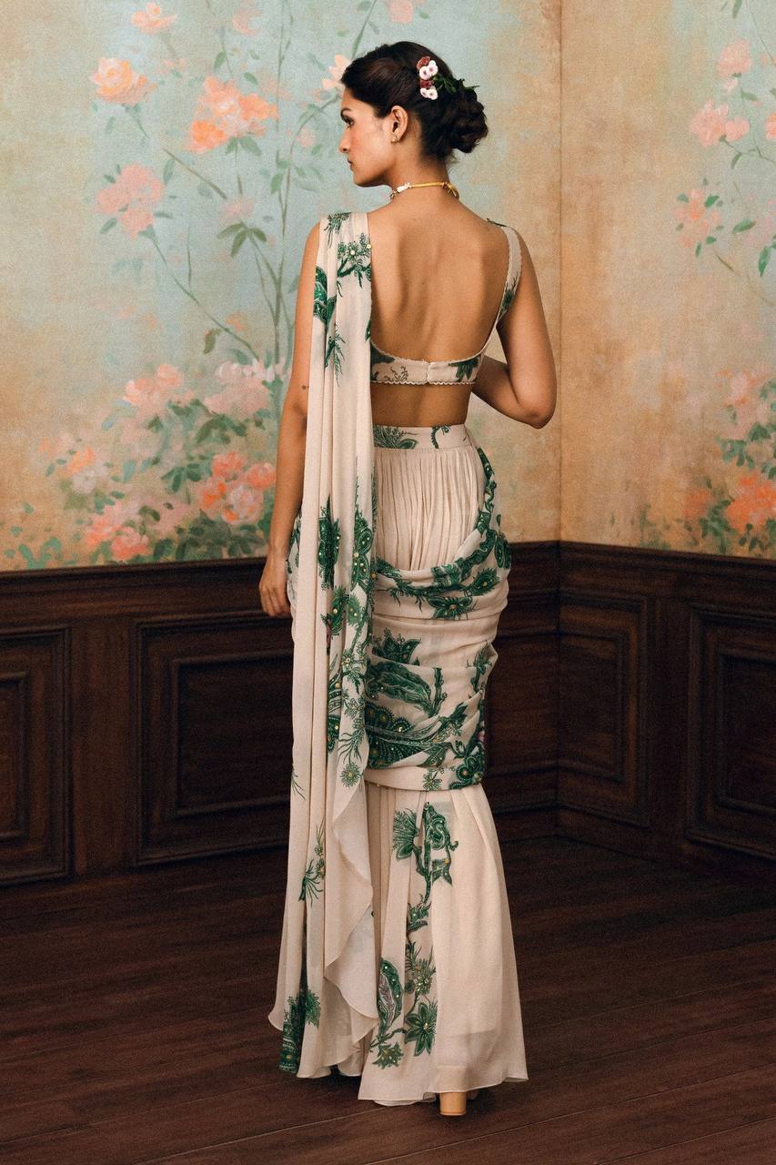 Elegant Ivory Floral Printed Saree with Green Paisley Work & Pearl Border