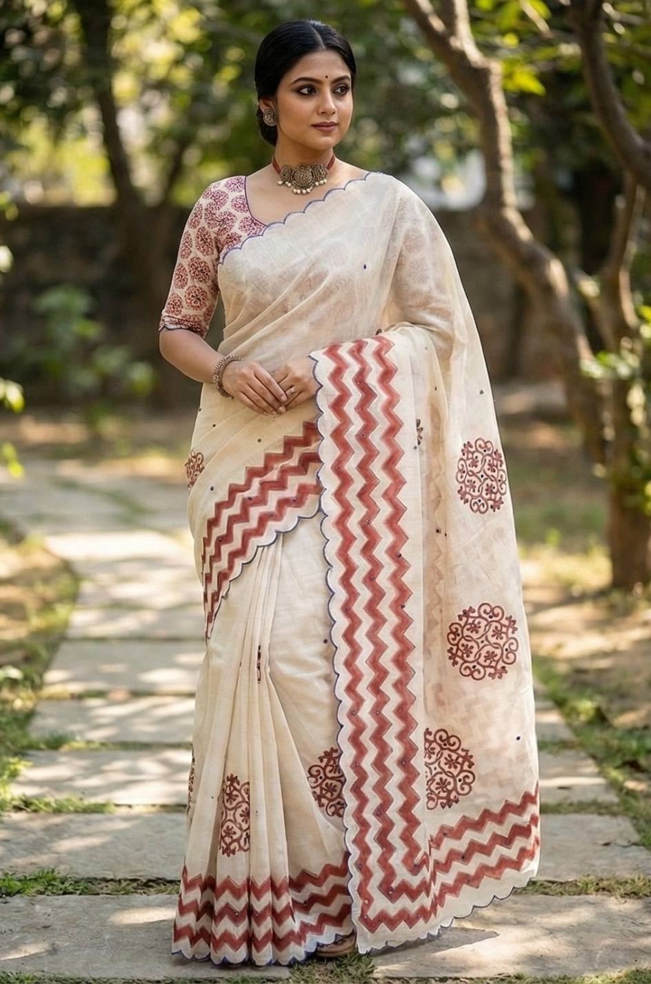 Premium Ivory Zigzag Floral Designer Saree Collection