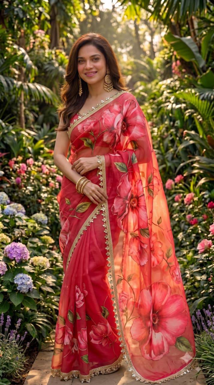 Premium Floral Print Saree with Elegant Golden Lace Border – Festive Wear Collection 🌸