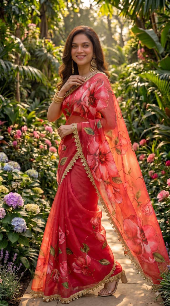 Premium Floral Print Saree with Elegant Golden Lace Border – Festive Wear Collection 🌸