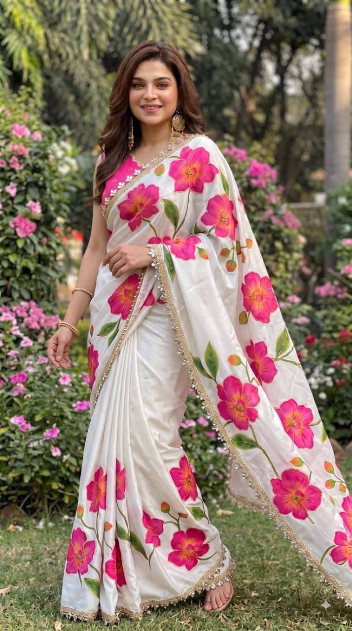 Premium Floral Print Saree with Elegant Golden Lace Border – Festive Wear Collection 🌸