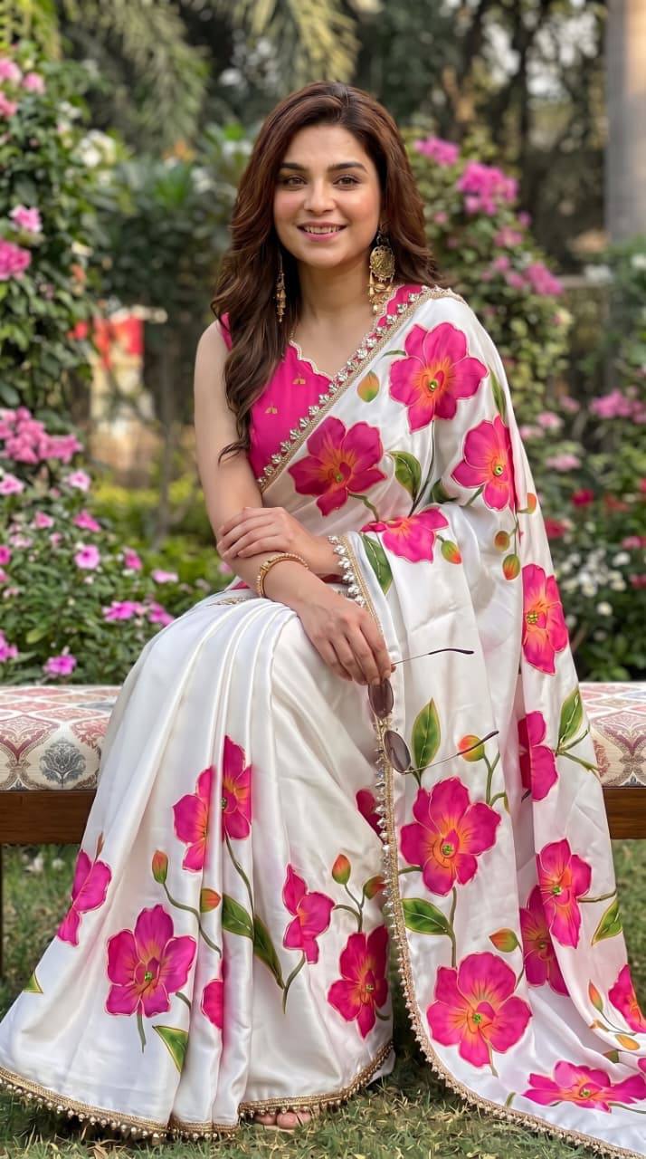 Premium Floral Print Saree with Elegant Golden Lace Border – Festive Wear Collection 🌸