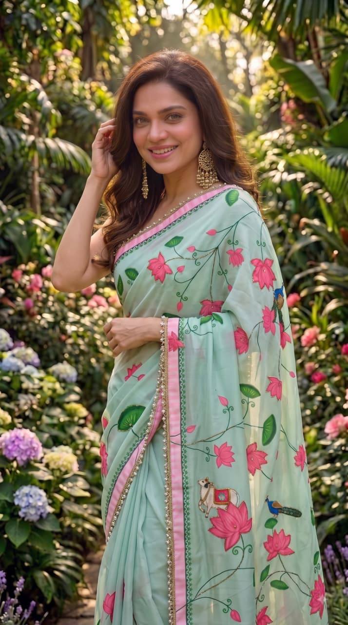 Premium Floral Print Saree with Elegant Golden Lace Border – Festive Wear Collection 🌸