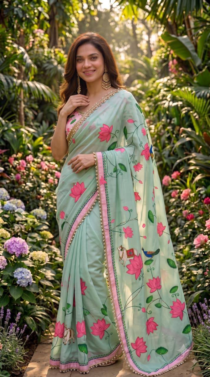 Premium Floral Print Saree with Elegant Golden Lace Border – Festive Wear Collection 🌸