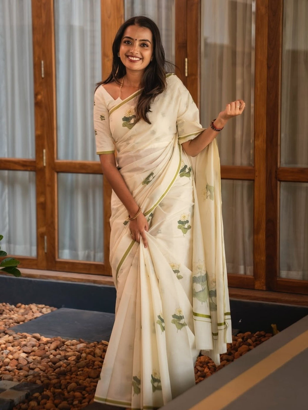 Premium Ivory Floral Linen Saree