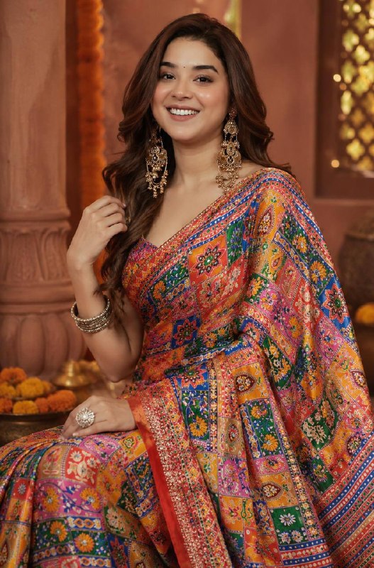 Multicolor Ajrakh Patchwork Printed Designer Saree with Intricate Border With Mirror Work