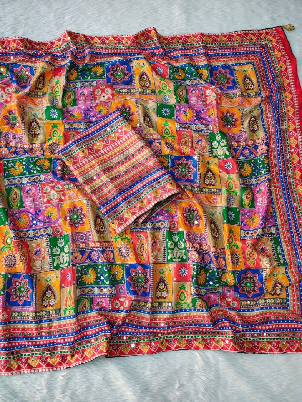 Multicolor Ajrakh Patchwork Printed Designer Saree with Intricate Border With Mirror Work