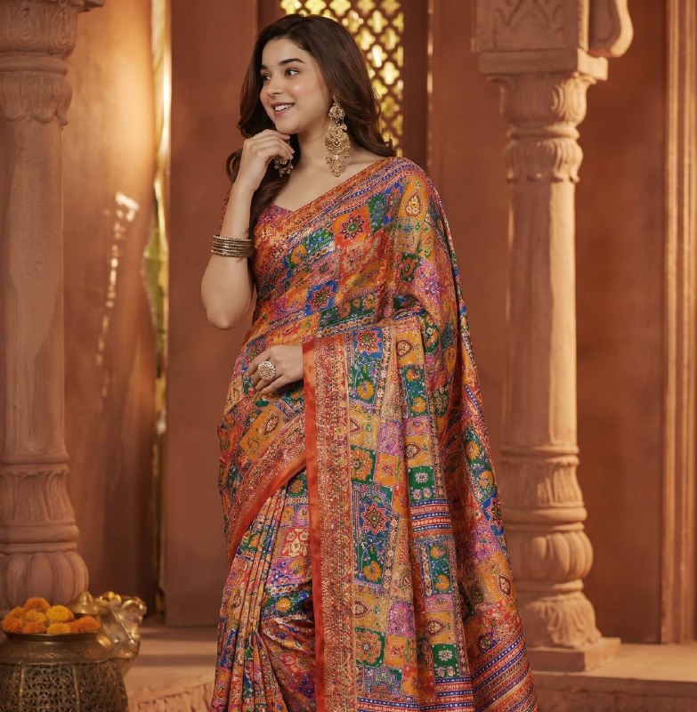 Multicolor Ajrakh Patchwork Printed Designer Saree with Intricate Border With Mirror Work