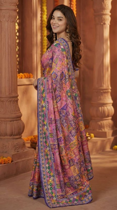 Multicolor Ajrakh Patchwork Printed Designer Saree with Intricate Border With Mirror Work