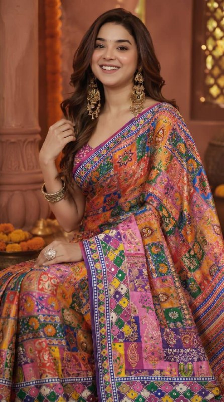 Multicolor Ajrakh Patchwork Printed Designer Saree with Intricate Border With Mirror Work