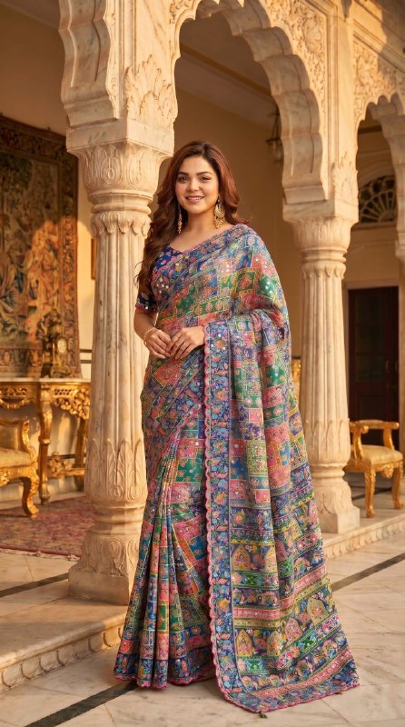 Royal Multicolor Ajrakh Print Designer Saree with Elegant Floral Border