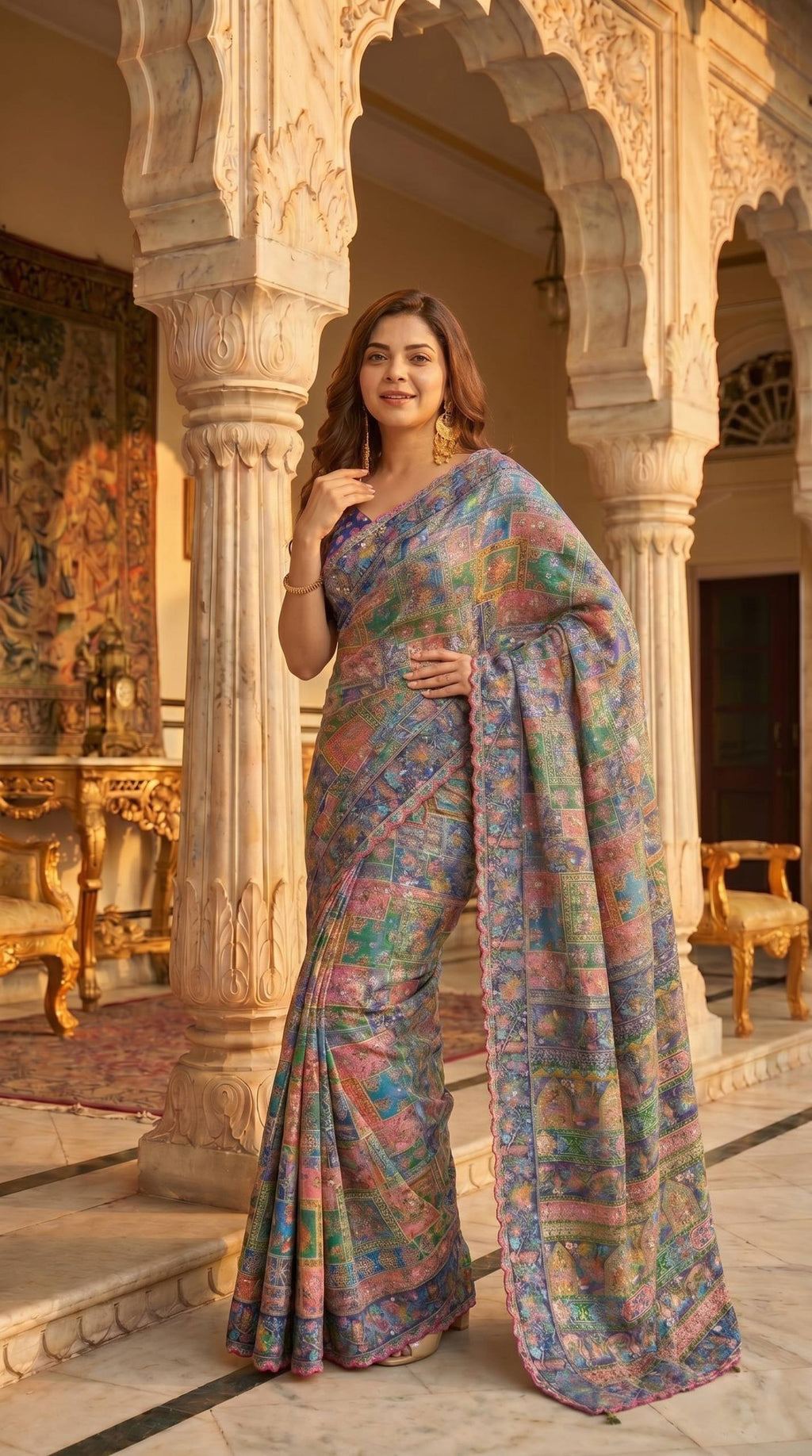 Royal Multicolor Ajrakh Print Designer Saree with Elegant Floral Border